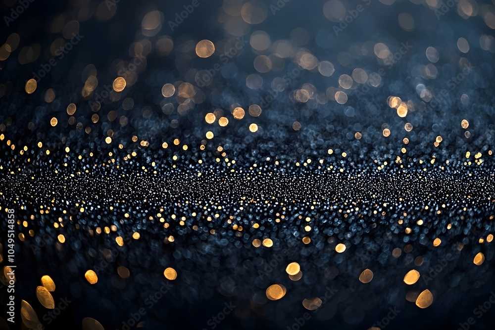 Poster a mesmerizing close-up of a shimmering surface adorned with golden and blue bokeh lights, creating a
