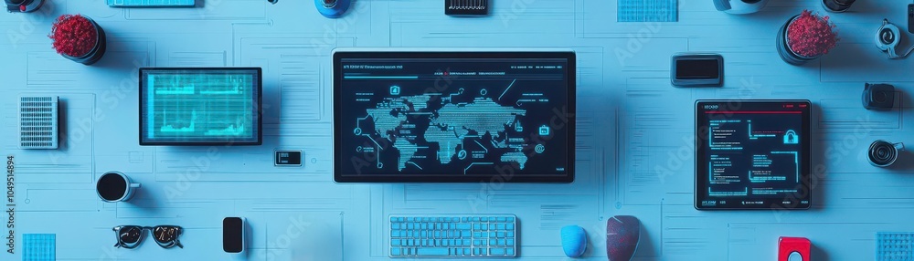 Poster cybersecurity expert monitoring a hacker alert dashboard in flat design, top view, it office theme, 