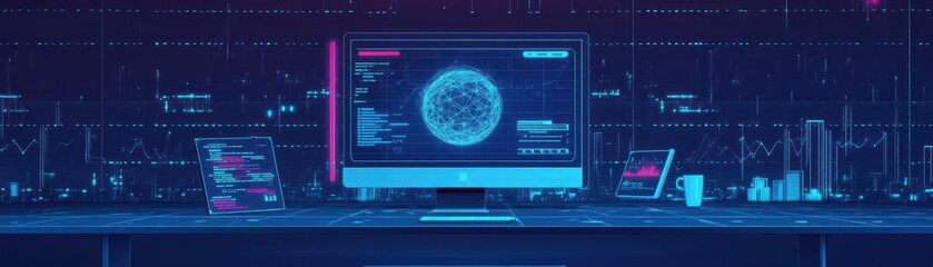 Cyber attack prevention software in flat design, front view, minimalistic theme, cartoon drawing, Complementary Color Scheme