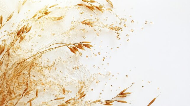 Top view rice bran water splash with bran on white surface, skincare banner with space for text