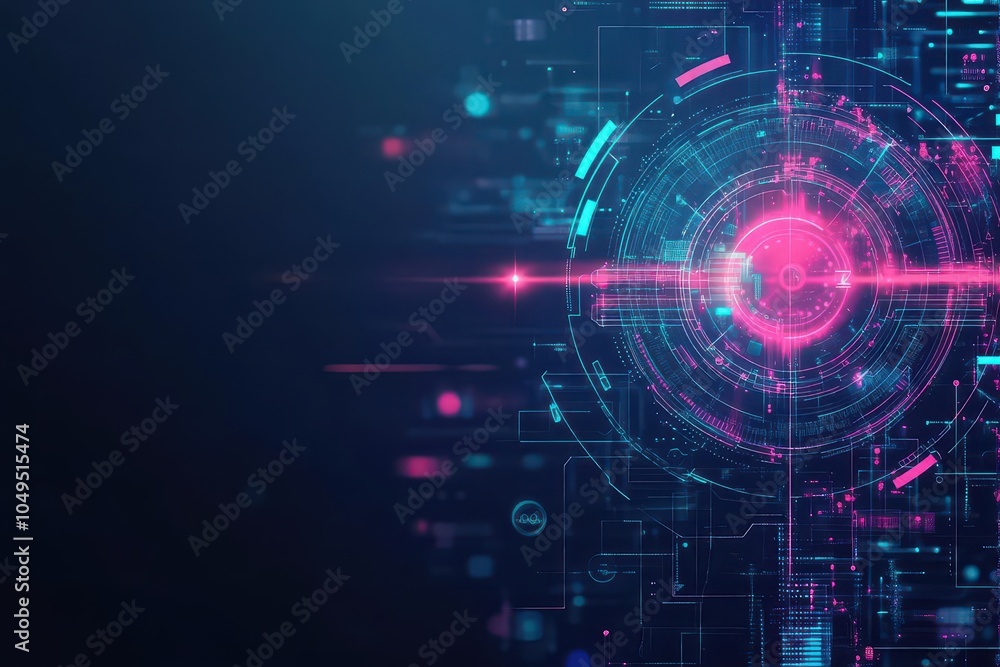 Poster antivirus software blocking a cyber attack in flat design, side view, neon tech theme, water color, 