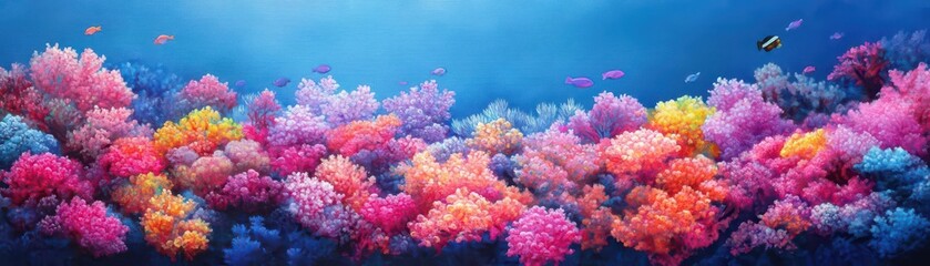 An ethereal underwater garden painted in acrylic, where glowing coral blooms and colorful fish create a vibrant aquatic scene