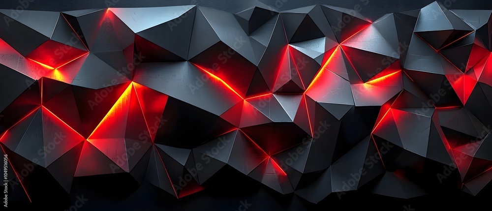 Poster an abstract geometric wall featuring angular black shapes with glowing red lines, creating a dramati