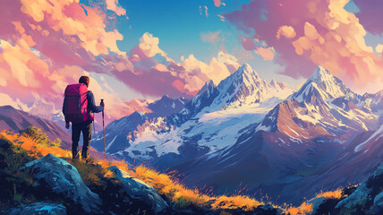 Fototapeta premium Celebrating National Hiking Day with breathtaking views of majestic mountains at sunset