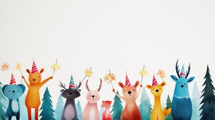 A watercolor painting of a forest of animals celebrating the New Year, holding sparklers and wearing party hats, warm colors and playful energy