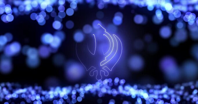 Khanda Sikh, symbol and icon for religion, spiritual and India with illustration, hologram and believe. Empty, sign and light with bokeh, holy and holographic with tradition, rituals or festival