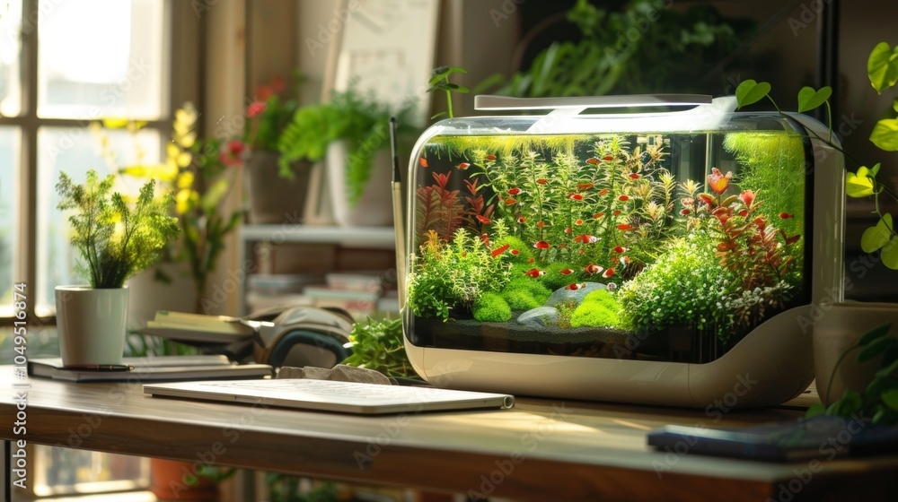 Poster transform your work space into a peaceful oasis with this desk featuring a planted fish tank that ad