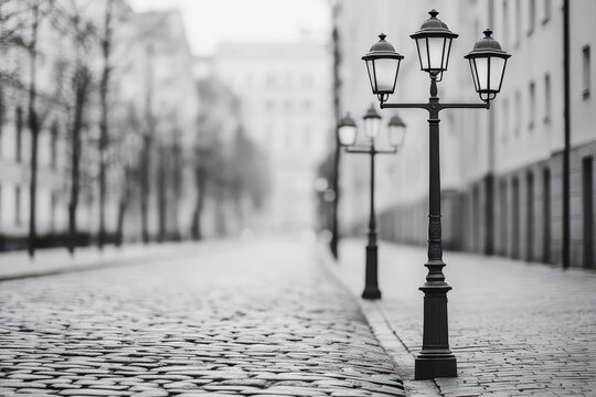 Fototapeta A blackandwhite photograph of an old street lamp and cobblestone street, vintage urban scene, front view, showing timeless street charm Urban tone, Black and white