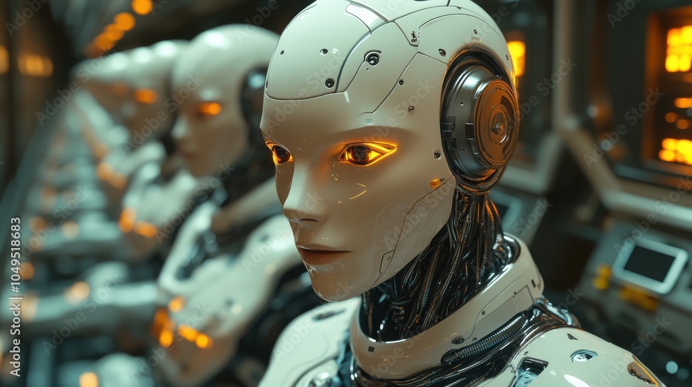 Aufkleber a robot with a white face and orange eyes stands in a room with other robots. generative ai