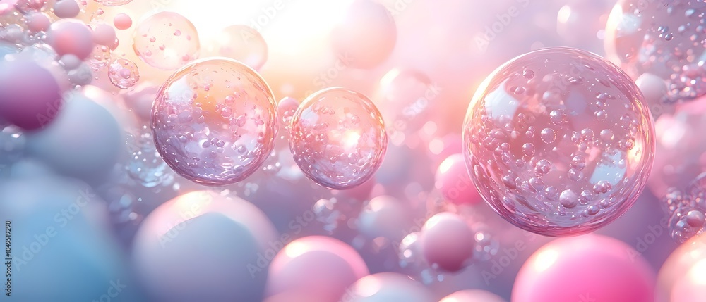 Poster a visually stunning array of translucent bubbles in soft pink and blue hues, creating a dreamy, ethe
