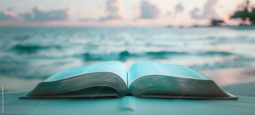 Poster an open book rests on a surface with a serene ocean and sunset backdrop.