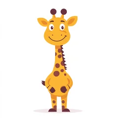 A cartoon giraffe with a big smile on its face. The giraffe is standing on a white background © Aisyaqilumar