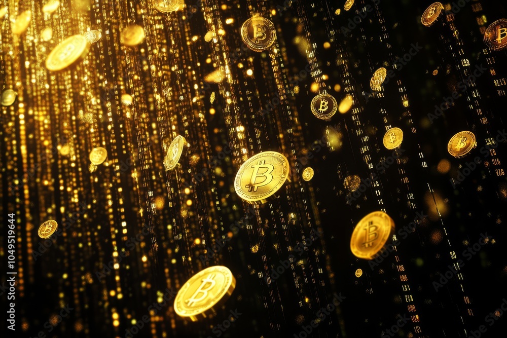 Poster a visually striking and captivating image showcasing golden coins cascading through a dark backdrop 