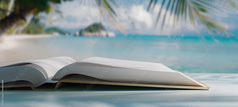 Poster an open book rests on a table with a serene beach and ocean backdrop.