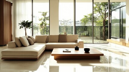 Fototapeta premium Modern minimalist living room with a clean sofa, wooden coffee table, and large windows showcasing natural light