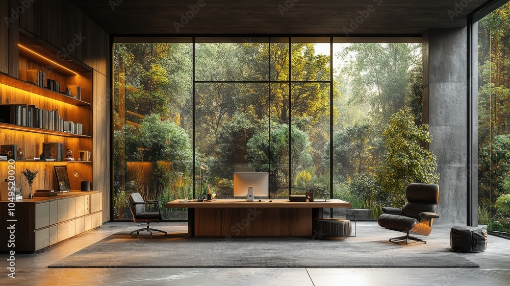 Poster a modern office with a large window that lets in natural light. generative ai