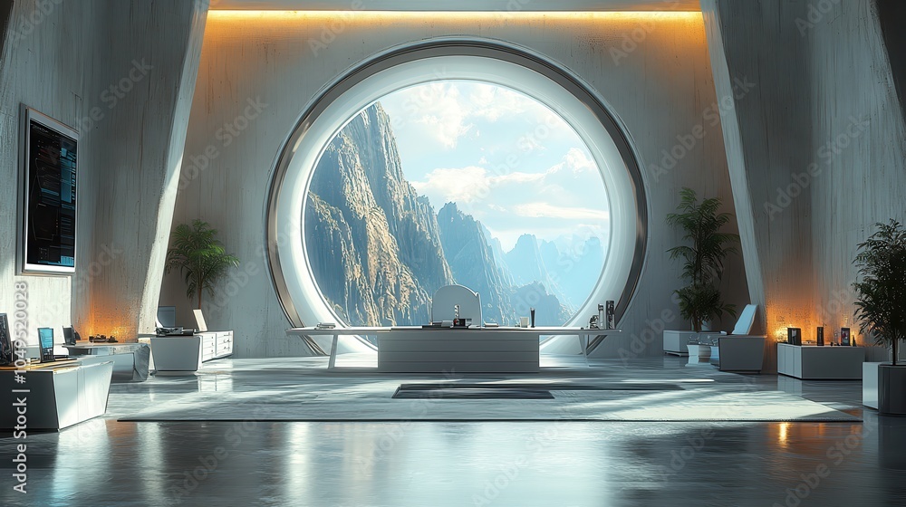 Poster a large room with a window that looks out to the mountains. generative ai