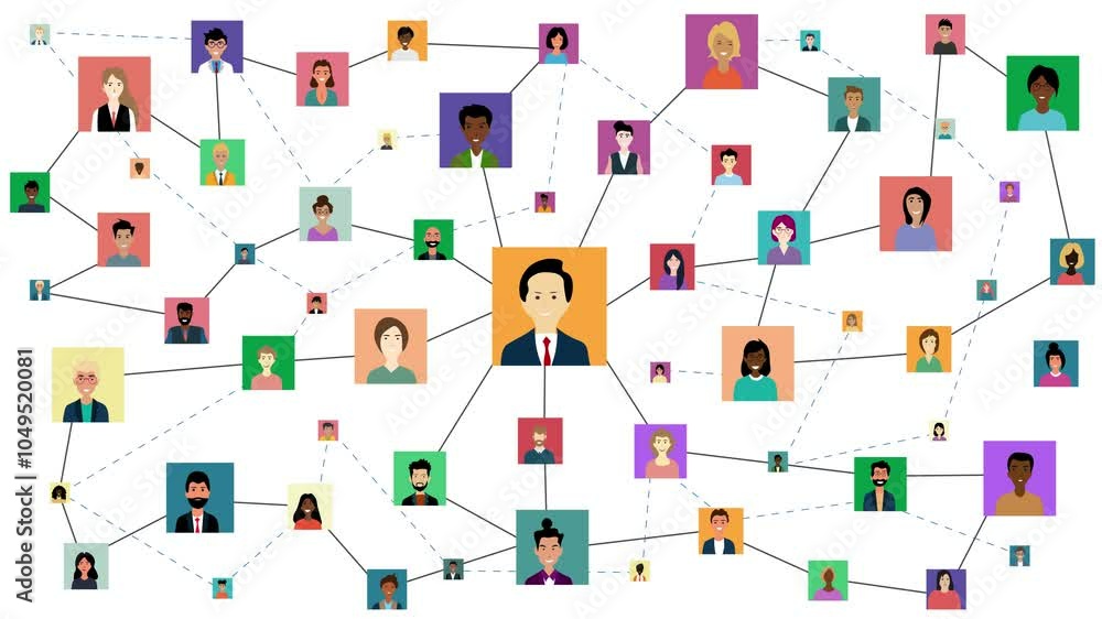 Aufkleber large network of diverse people connected with lines animation on white background. global social ne
