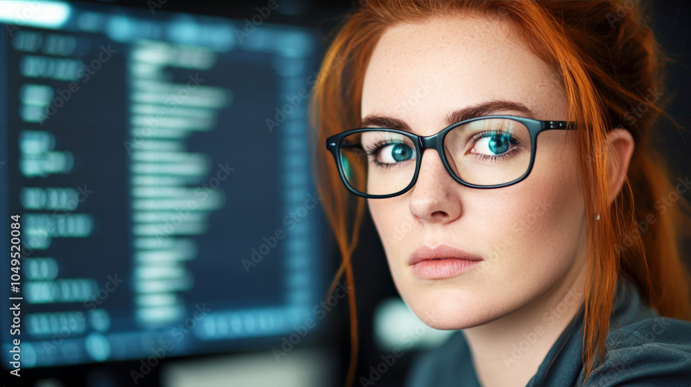 Poster focused programmer: a determined female programmer with vibrant red hair and piercing blue eyes gaze