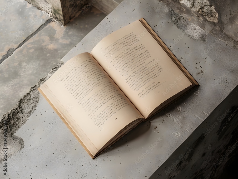 Aufkleber an open book rests on a textured surface, inviting reading and contemplation.