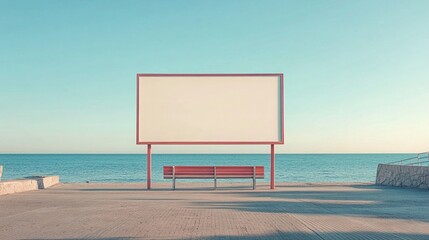 Serene coastal scene featuring a blank billboard and red bench overlooking the tranquil sea, evoking a sense of peaceful contemplation and endless possibilities.