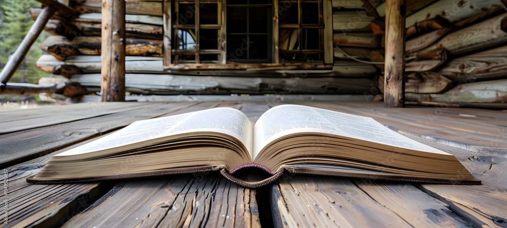 Poster an open book rests on a wooden floor outside a rustic cabin, inviting exploration and reflection.