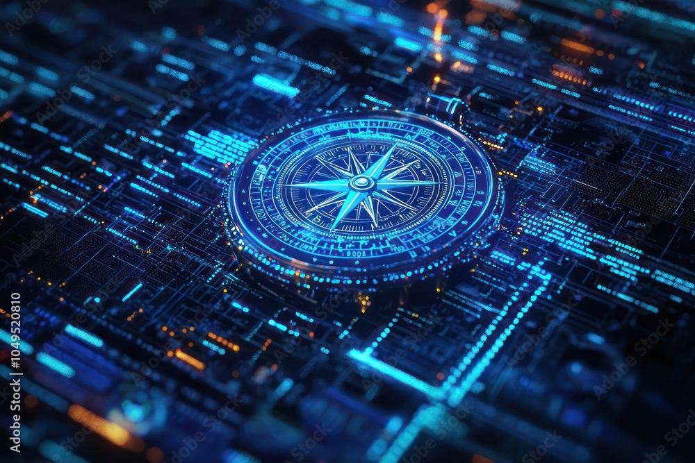 Poster compass on digital screen featured with 3d blue coding elements for visualization.