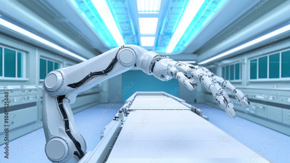 Poster a robotic arm extends over a clean, futuristic lab environment, showcasing advanced technology and a