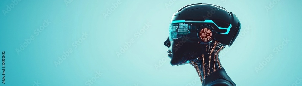 Poster a futuristic robotic head in profile, featuring glowing circuits and digital interfaces against a so