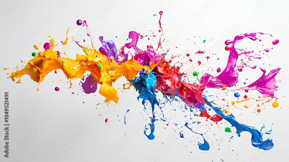 Poster colorful splashes of paint burst across a white background, creating a dynamic and abstract artistic