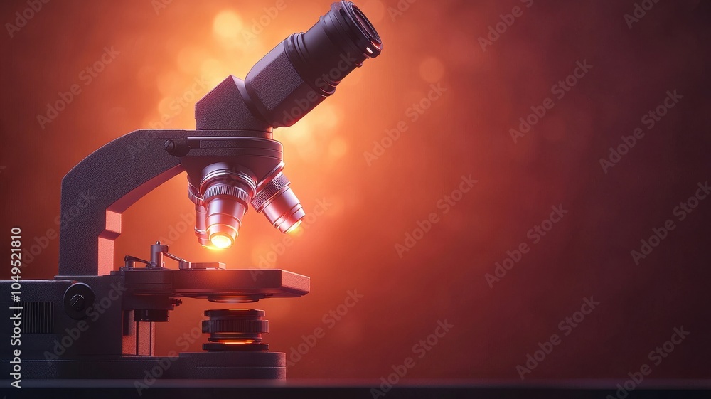 Poster a close-up of a microscope with glowing lights, emphasizing its intricate design against a vibrant, 