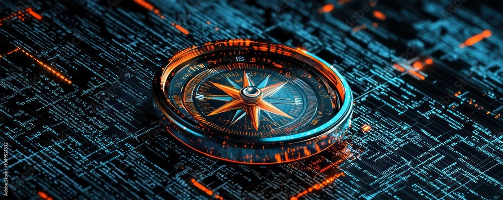 Poster black digital code background with a sleek compass, depicting digital age complexities.
