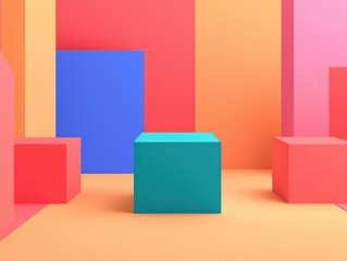 Obraz premium Colorful geometric shapes arranged in a vibrant abstract space, ideal for backgrounds and creative designs.