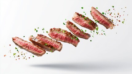 Seared Steak Slices Floating in Air