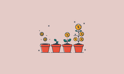 Illustration of growing plants with coins representing growth.