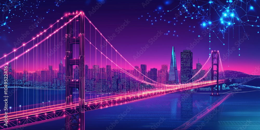 Poster golden gate bridge and san francisco skyline at night with futuristic network connection