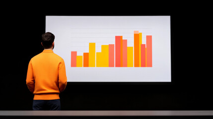 Businessman Analyzing Growth Chart: A thoughtful businessman stands before a large screen displaying a colorful bar chart,  analyzing data and visualizing potential.