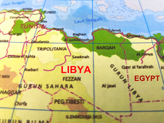 Close-up photo of the country LIBYA with and surrounding major cities on a world map