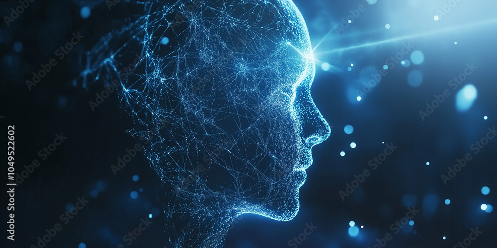 Poster Artificial intelligence glowing head made of lines and dots thinking and radiating light