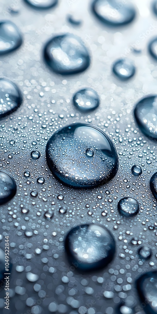 Poster Close-up of water droplets on a smooth surface, creating a visually striking pattern. The reflections give an elegant touch to the monochromatic background.