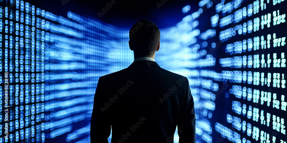 Poster Businessman looking at futuristic stream of binary code data flowing on screen