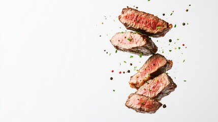 Slices of Juicy Beef Steak in Mid Air
