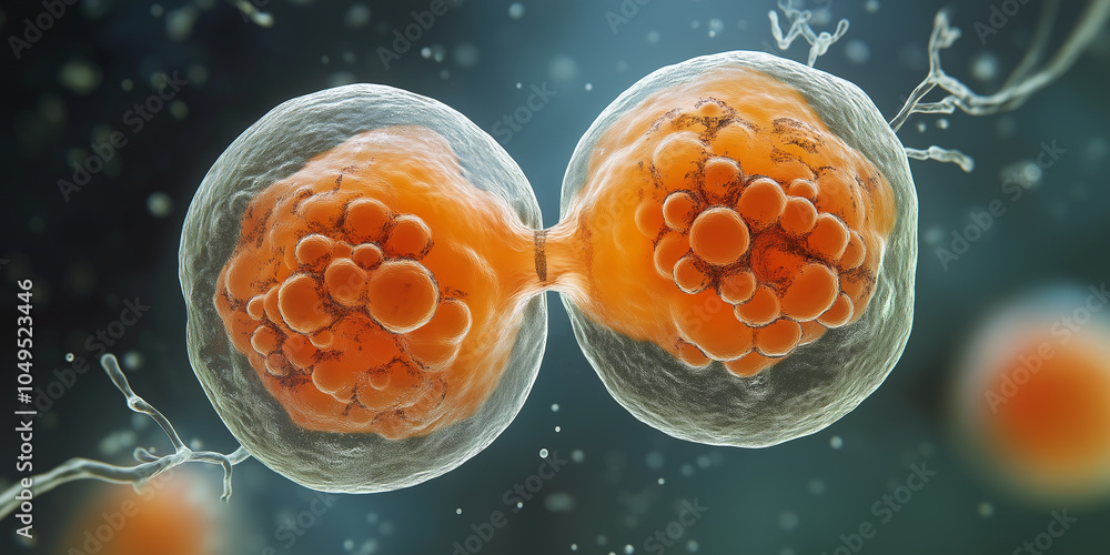 Poster two orange cells are dividing and multiplying, creating new biological life