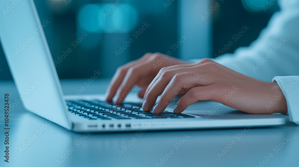 Poster close up: a pair of hands typing on a laptop keyboard, focused on the task at hand. the blue light o