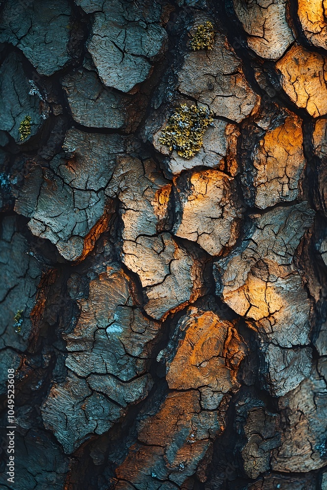Poster close-up of textured tree bark displaying intricate patterns and warm light reflections, creating a 