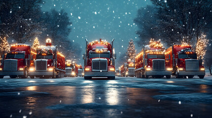 Infinite rows of Christmas decorated trucks carrying gifts on the highway in a winter forest covered with snow in snowfall.