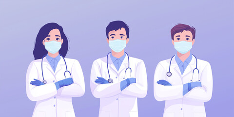 Fototapeta premium Doctors wearing protective face masks and gloves are standing with crossed arms