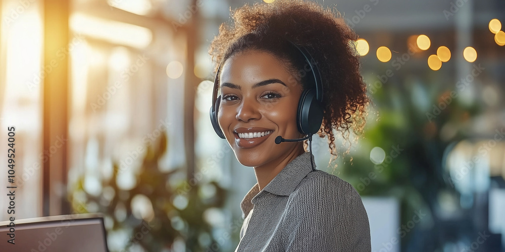 Poster smiling customer service representative working in bright office