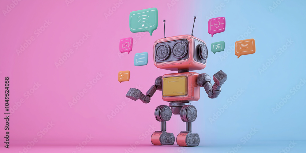 Aufkleber friendly robot interacting with social media icons on colorful background