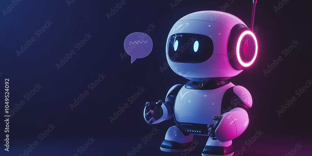 Poster white friendly robot speaking and showing voice message in futuristic neon light environment